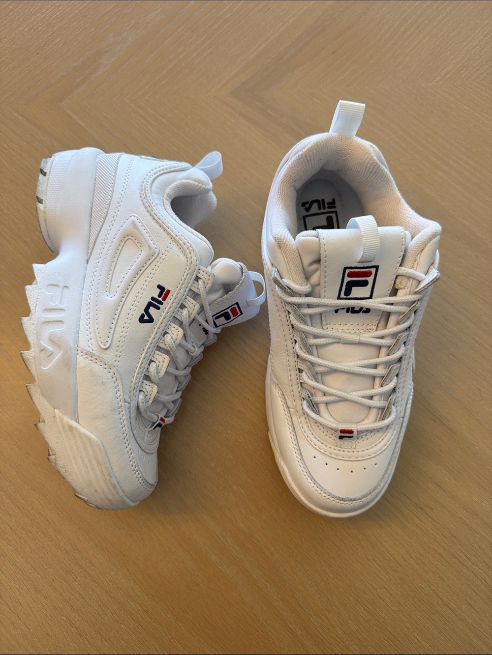 Fila White Platform Chunky Sneakers with Navy & Red Logo